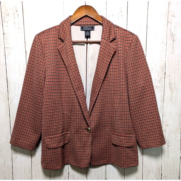 Vintage Houndstooth Blazer Red Navy Check Womens XL Preppy Retro Academia Office - Picture 8 of 9
